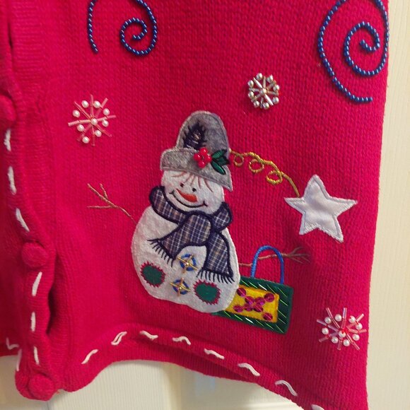 Vintage Bobbie Brooks Ugly Christmas Sweater Vest Red Beaded Snowman Sz Medium - Picture 4 of 7